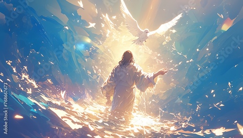 Jesus standing in water with his arms outstretched  dove flying above him