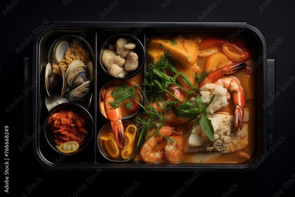 Hearty bouillabaisse in a bento box against a black slate background Hearty bouillabaisse in a bento box against a black slate background