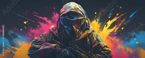 Pultres paintball player in full gear, colorful powder splash on black background photo