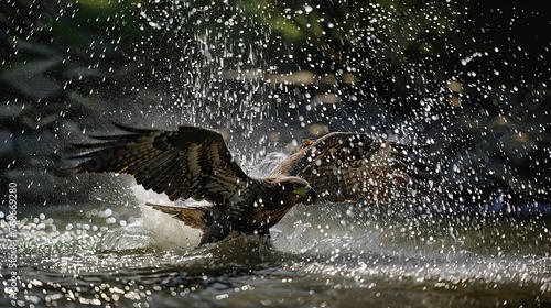 an eagle bird flying with water splash isolated on black background © Fajar
