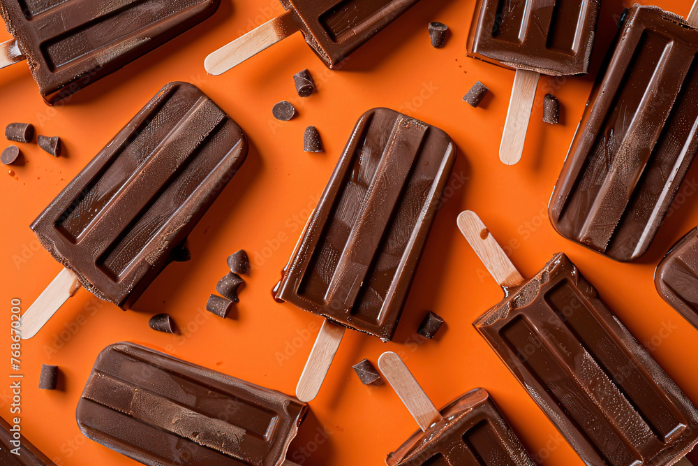 Multiple chocolate popsicles on an orange background Multiple chocolate popsicles on an orange background