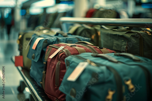 Luggage in a airport with luggage tags on the bags