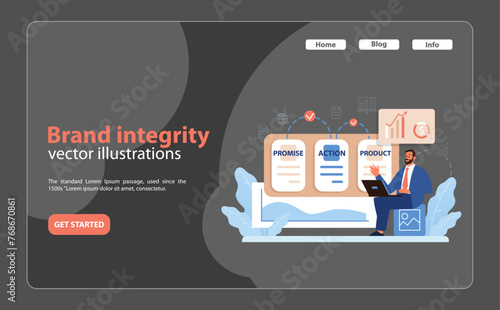 Brand Integrity Illustration. A businessman interacts with promise, action, and product charts.