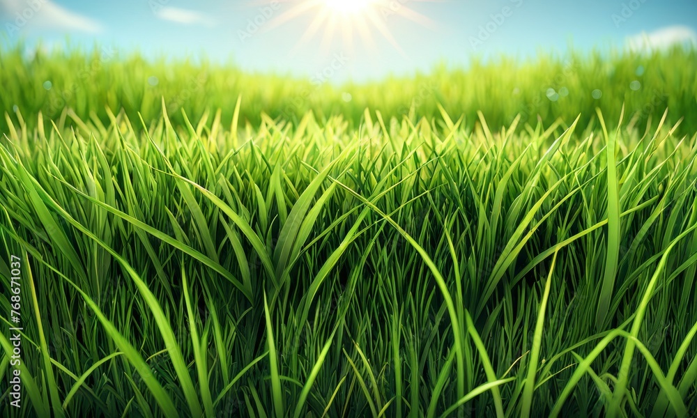 Fototapeta premium The sun's rays illuminate a flawless expanse of green grass, creating a vivid tapestry of life and energy. It's a perfect backdrop for the vitality of nature. AI generation