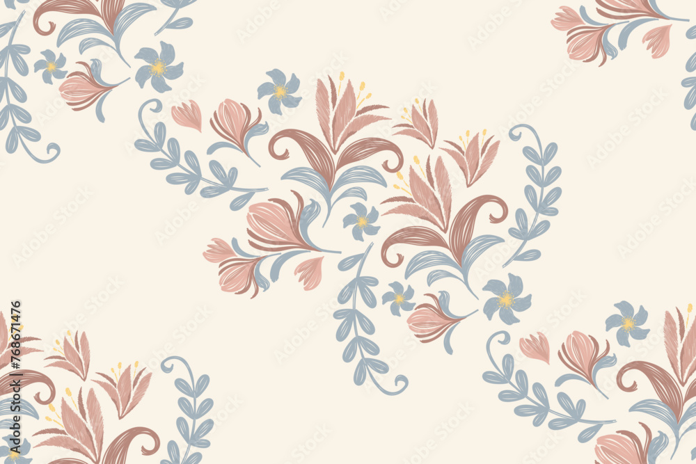 Pink flower motif ditsy pattern seamless background. Vector illustration hand drawn peach pink tulip floral with branches leaves. Pink flower motif ditsy pattern seamless background. Vector illustration hand drawn peach pink tulip floral with branches leaves.