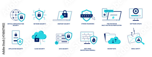 Cyber security set. Data protection, secured network, firewall, strong password, backup, and updating software. Vector linear illustrations on the white background. 