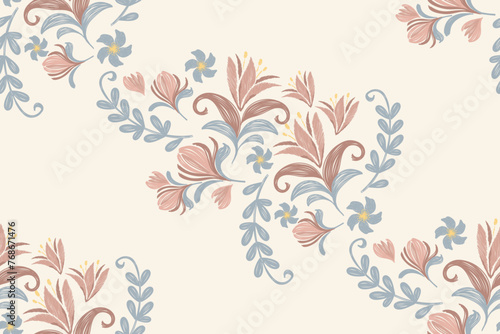 Pink flower motif ditsy pattern seamless background. Vector illustration hand drawn peach pink tulip floral with branches leaves.