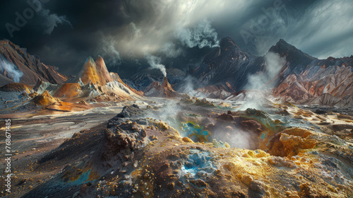 A surreal and desolate landscape, this image portrays steam vents spewing from the earth amidst rugged volcanic formations under a tumultuous sky photo