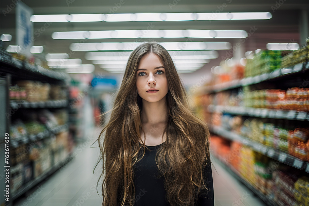 woman with long hair stands in a grocery store aisle. She is looking at the camera. The store is brightly lit and has a lot of food on the shelves