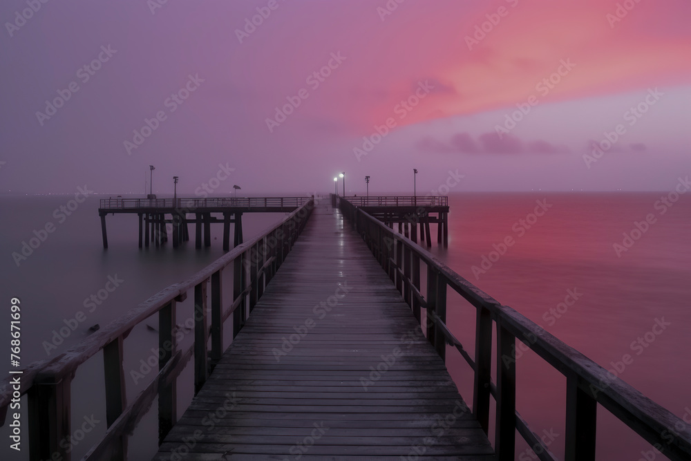 A tranquil pier extends into a calm sea under a captivating pink and purple sky, illuminated by distant lights A tranquil pier extends into a calm sea under a captivating pink and purple sky, illuminated by distant lights