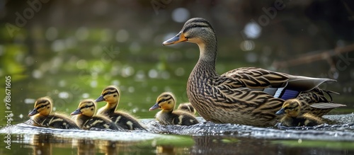 Anas platyrhynchos mother duck with ducklings on water © Emin