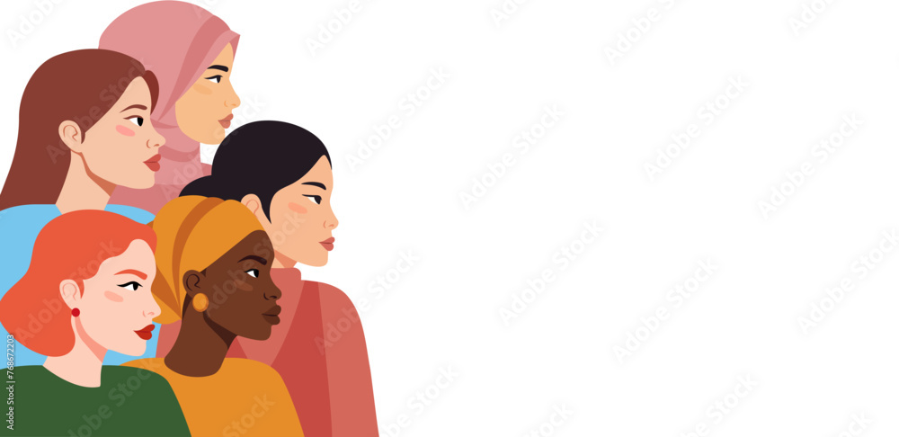 Women. Group of women of different Nationalities and Religions. Concept of Feminism, Struggle for Women's Rights. International Women's Day. Vector horizontal banner, poster Women. Group of women of different Nationalities and Religions. Concept of Feminism, Struggle for Women's Rights. International Women's Day. Vector horizontal banner, poster