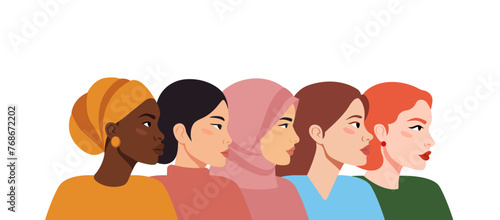 Women of different ethnicities and cultures stand side by side together. Profile silhouettes of female characters with various skin colors. Feminist movement. International Women's Day banner