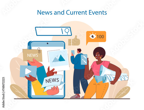 Digital News Consumption concept. Users interact with current events through various digital formats.