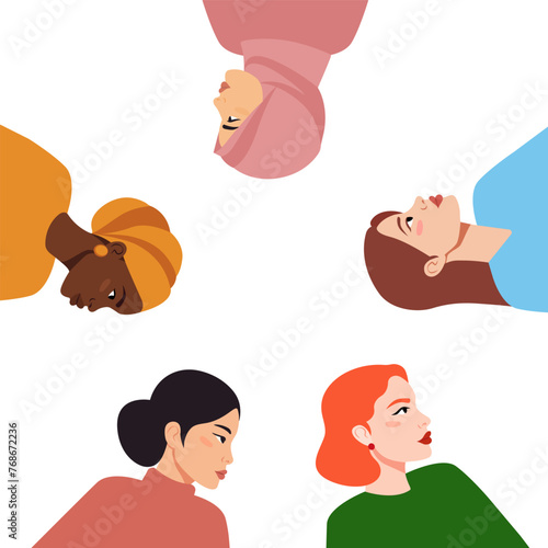 Women in a circle. Group of women of different Nationalities and Religions. Concept of Feminism, Struggle for Women's Rights. Woman empowerment, gender equality concepts. Vector banner, poster, card