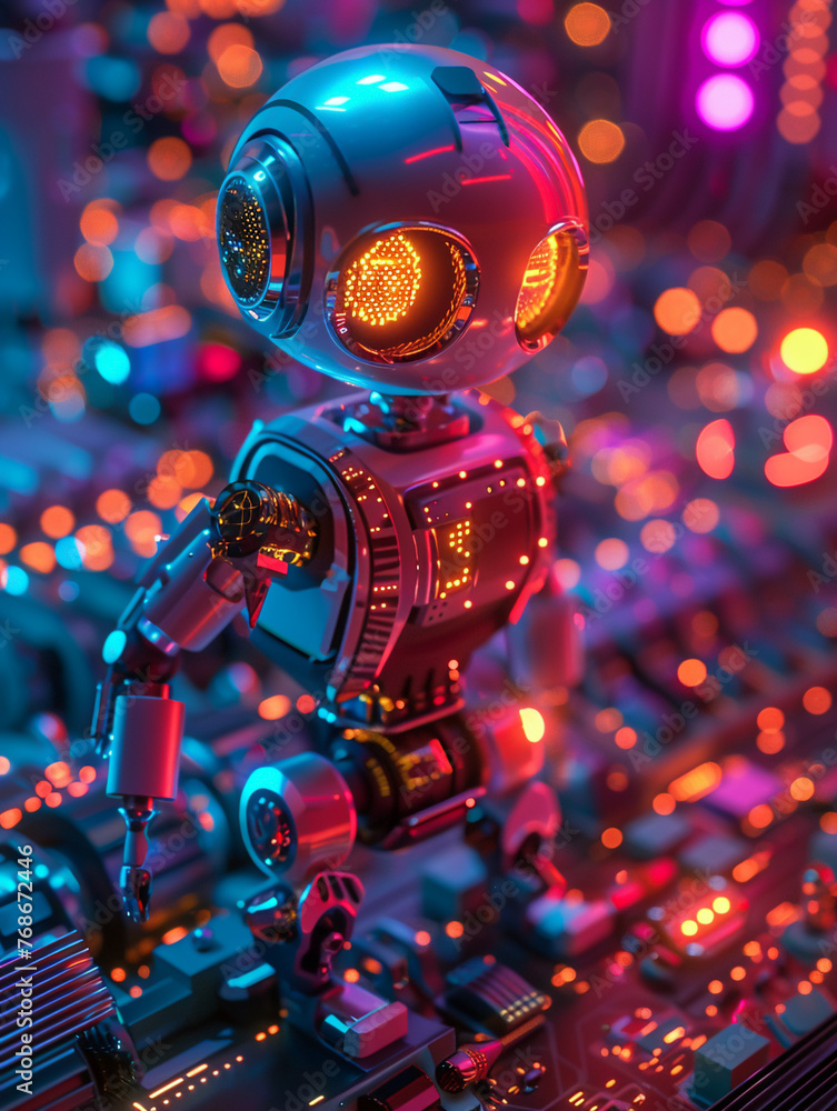 Robots building 3D graphics via APIs coding sequences in neon light advanced tech workshop setting. Generative ai.
