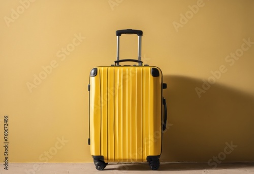 Yellow travel suitcase on the street against the background of a yellow brick wall. Travel the world