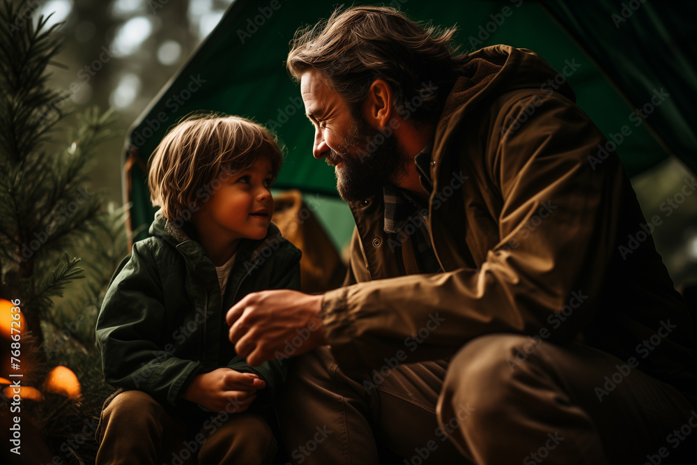Generative Ai of a father and son spending quality time outdoors while camping. Father's day concept. Generative Ai of a father and son spending quality time outdoors while camping. Father's day concept.