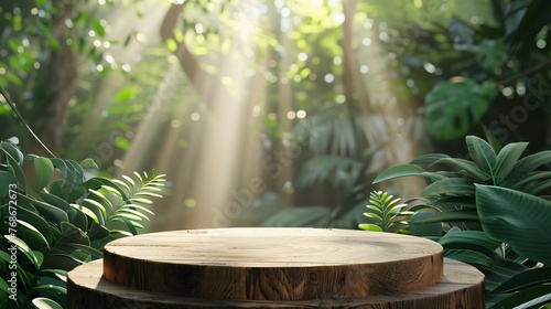 wooden podium in tropical forest. realistic 3d rendering . platform for product presentation . ai generative