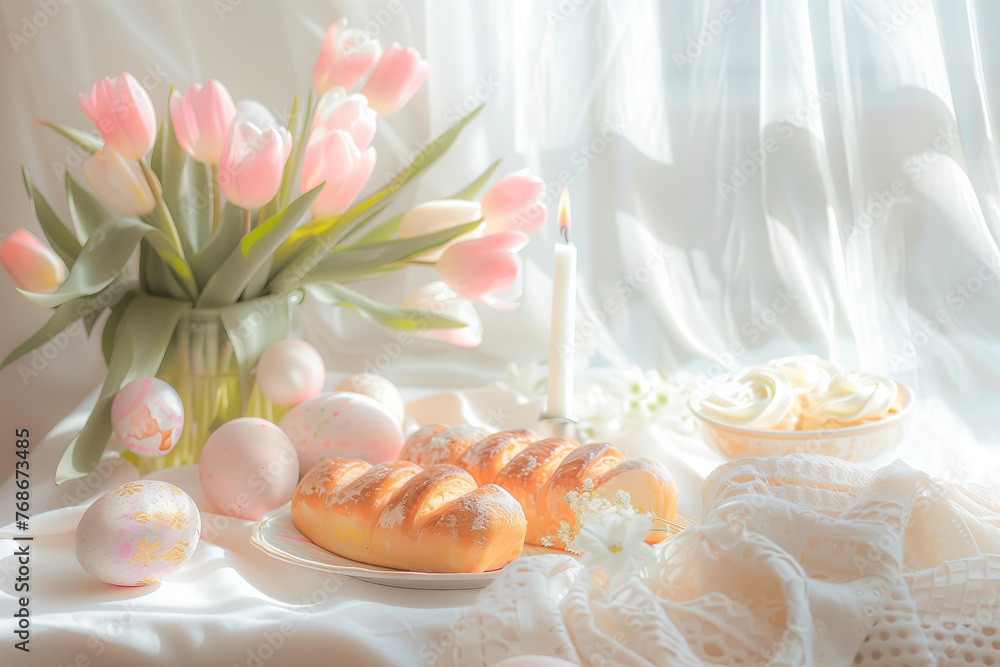 dreamy pastel aesthetic easter breakfast scene with pink tulips, a white linen tablecloth, easter painted pastel eggs, and golden brioche with a candle dreamy pastel aesthetic easter breakfast scene with pink tulips, a white linen tablecloth, easter painted pastel eggs, and golden brioche with a candle