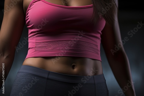 Athletic young woman wearing top shirt and showing her abdominal muscles and sexy body in the gym. Ai Generative