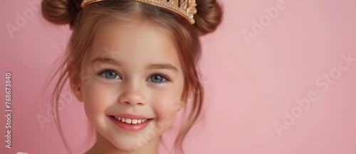 Happy Little Girl in Princess Dress with Crown Smiling Brightly in Magical Fairy Tale Moment