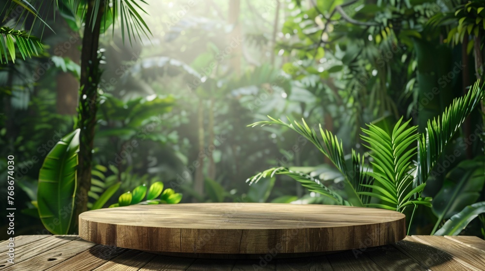 wooden podium in tropical forest. realistic 3d rendering . platform for product presentation . ai generative wooden podium in tropical forest. realistic 3d rendering . platform for product presentation . ai generative