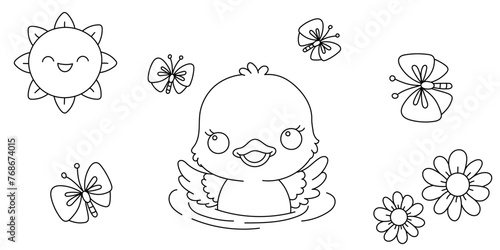 Kawaii line art coloring page for kids. Kindergarten or preschool coloring activity. Cute swimming duckling  flower and butterfly. Outdoor nature life vector illustration