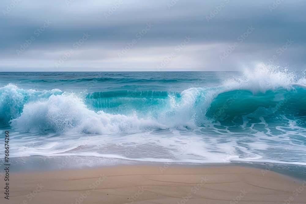 Crashing Ocean Waves on Sandy Beach under Cloudy Skies, Dynamic Seascape Scenery for Calming Backgrounds Crashing Ocean Waves on Sandy Beach under Cloudy Skies, Dynamic Seascape Scenery for Calming Backgrounds
