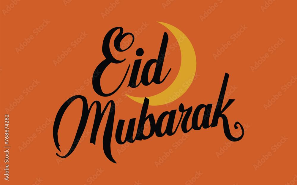 Eid Mubarak Typography Vector Design with moon, Eid Mubarak Black and White typography. isolated calligraphy of happy eid mubarak in black color