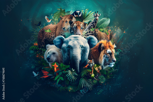 A colorful collage design celebrating World Animal Day, featuring various animals and nature-themed elements. Suitable for posters, banners, and social media posts for educational and awareness. photo