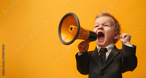 kid with black suit, blond curly hair with megaphone on yellow background, promotion materials, copy space, black friday