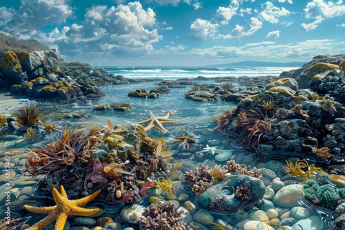 Starfish on Rocky Shoreline with Seaweeds and Pebbles under Sunny Blue Sky in Coastal Seascape © pisan
