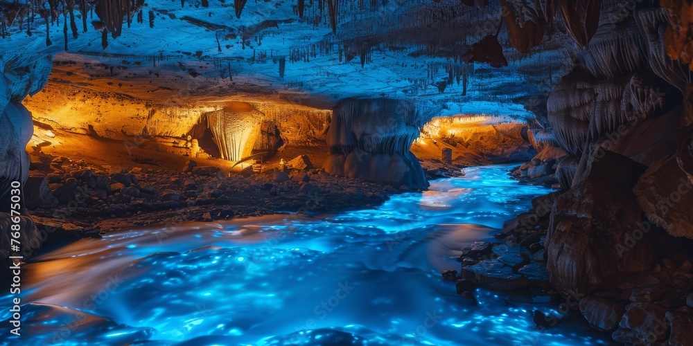 A cave with a blue river flowing through it
