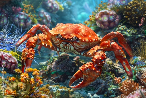Vibrant Underwater Scene with Majestic Orange Crab among Colorful Coral Reefs