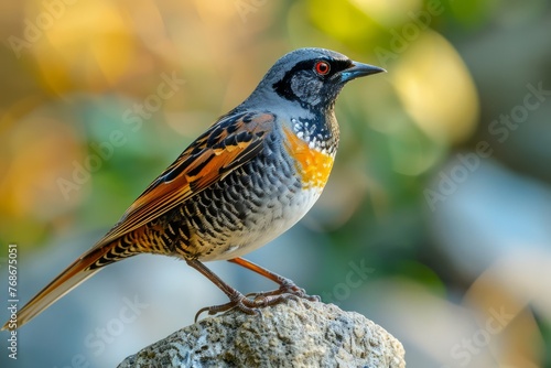 Vibrant Zonotrichia Capensis Sparrow Perched on Stone Against Soft Bokeh Background © pisan