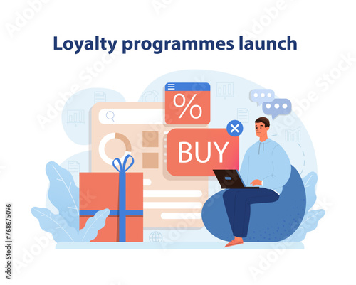 Customer Loyalty Program Launch. Illustration of a marketing expert initiating reward-based loyalty.