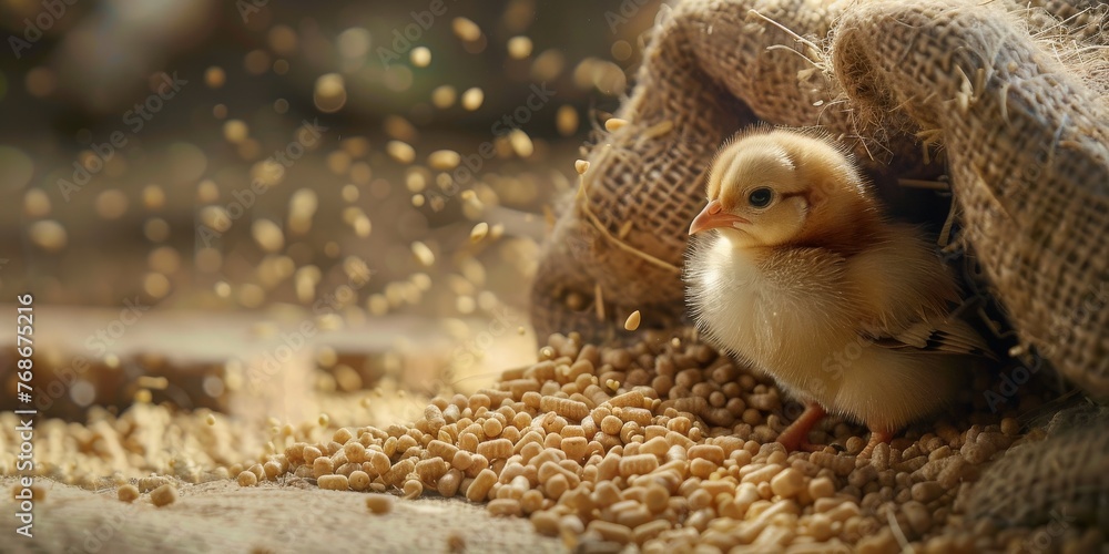 Obraz premium A baby chick is sitting on a bag of grain