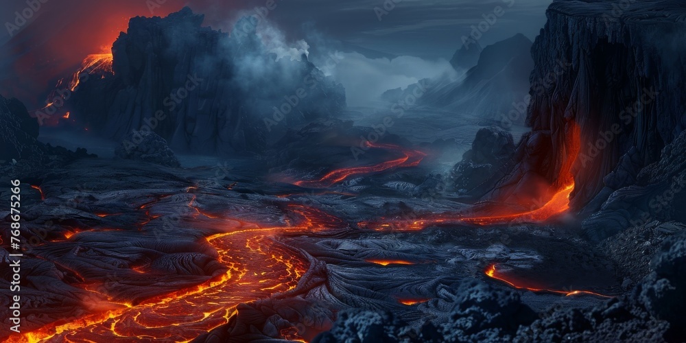A lava flow is seen in the distance, with a mountain in the background