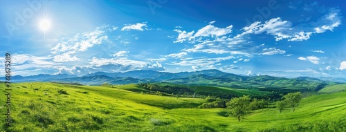 a green meadow perched on a hillside, surrounded by the fresh colors of spring, with a majestic mountain range looming in the background, offering a sweeping panoramic view of natural splendor.