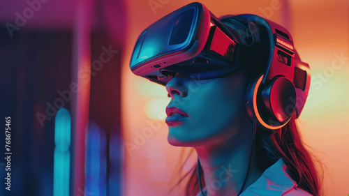 This striking image depicts a woman with a visual headset in a luminous, neon-lit environment, reflecting contemporary gaming trends