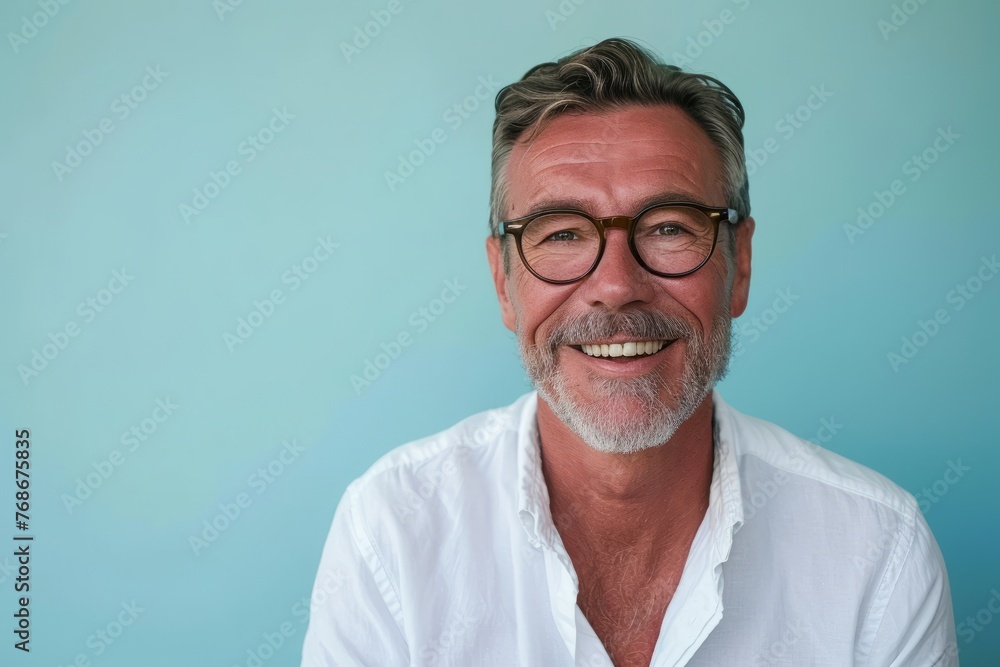 Portrait of happy senior man with eyeglasses on blue background Portrait of happy senior man with eyeglasses on blue background