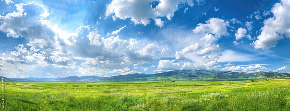 a green meadow perched on a hillside, surrounded by the fresh colors of spring, with a majestic mountain range looming in the background, offering a sweeping panoramic view of natural splendor. a green meadow perched on a hillside, surrounded by the fresh colors of spring, with a majestic mountain range looming in the background, offering a sweeping panoramic view of natural splendor.