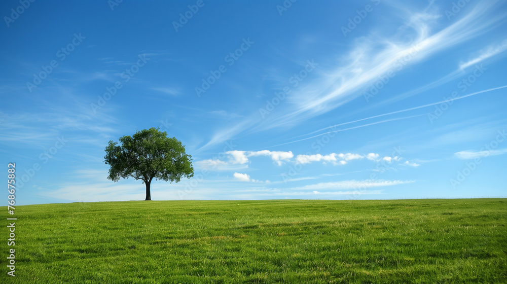 Majestic tree standing in a lush green landscape. The tree is healthy with leaves reaching towards a blue sky. Hope and the importance of protecting the environment for future generations. Majestic tree standing in a lush green landscape. The tree is healthy with leaves reaching towards a blue sky. Hope and the importance of protecting the environment for future generations.