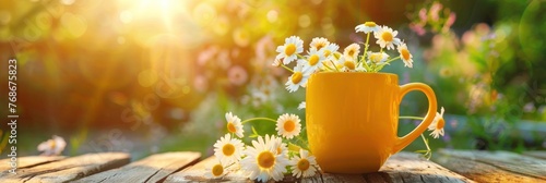 Spring and summer background. Yellow teacup filled with fresh daisies, set upon a rustic wooden table.