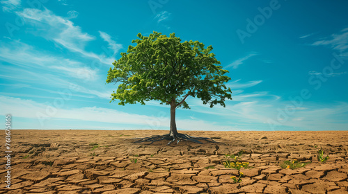 Majestic tree standing in a vast barren landscape. The tree is healthy with leaves reaching towards a blue sky. Hope and the importance of protecting the environment for future generations.