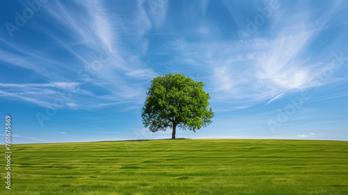 Majestic tree standing in a lush green landscape. The tree is healthy with leaves reaching towards a blue sky. Hope and the importance of protecting the environment for future generations.