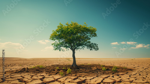 Majestic tree standing in a vast barren landscape. The tree is healthy with leaves reaching towards a blue sky. Hope and the importance of protecting the environment for future generations.