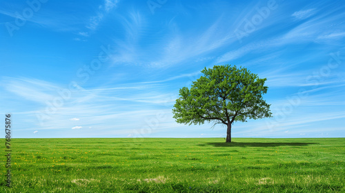 Majestic tree standing in a lush green landscape. The tree is healthy with leaves reaching towards a blue sky. Hope and the importance of protecting the environment for future generations.