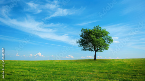 Majestic tree standing in a lush green landscape. The tree is healthy with leaves reaching towards a blue sky. Hope and the importance of protecting the environment for future generations. © stefanholm